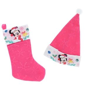 NWT Disney Christmas Pink Minnie Mouse Felt Santa Hat & Stocking